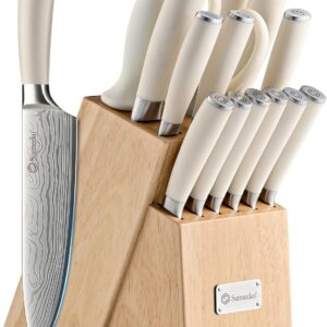 Knife Set with Block and Sharpener, 15 Pcs Kitchen Knife Block Set