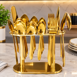 Golden Stainless Steel Cutlery Set with Stand